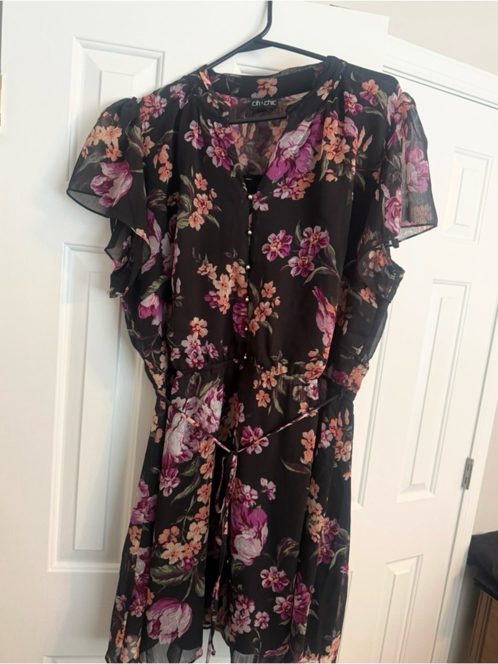 City Chic Black Midi Dress with Pink & Peach Floral Print - Picture 3 of 4